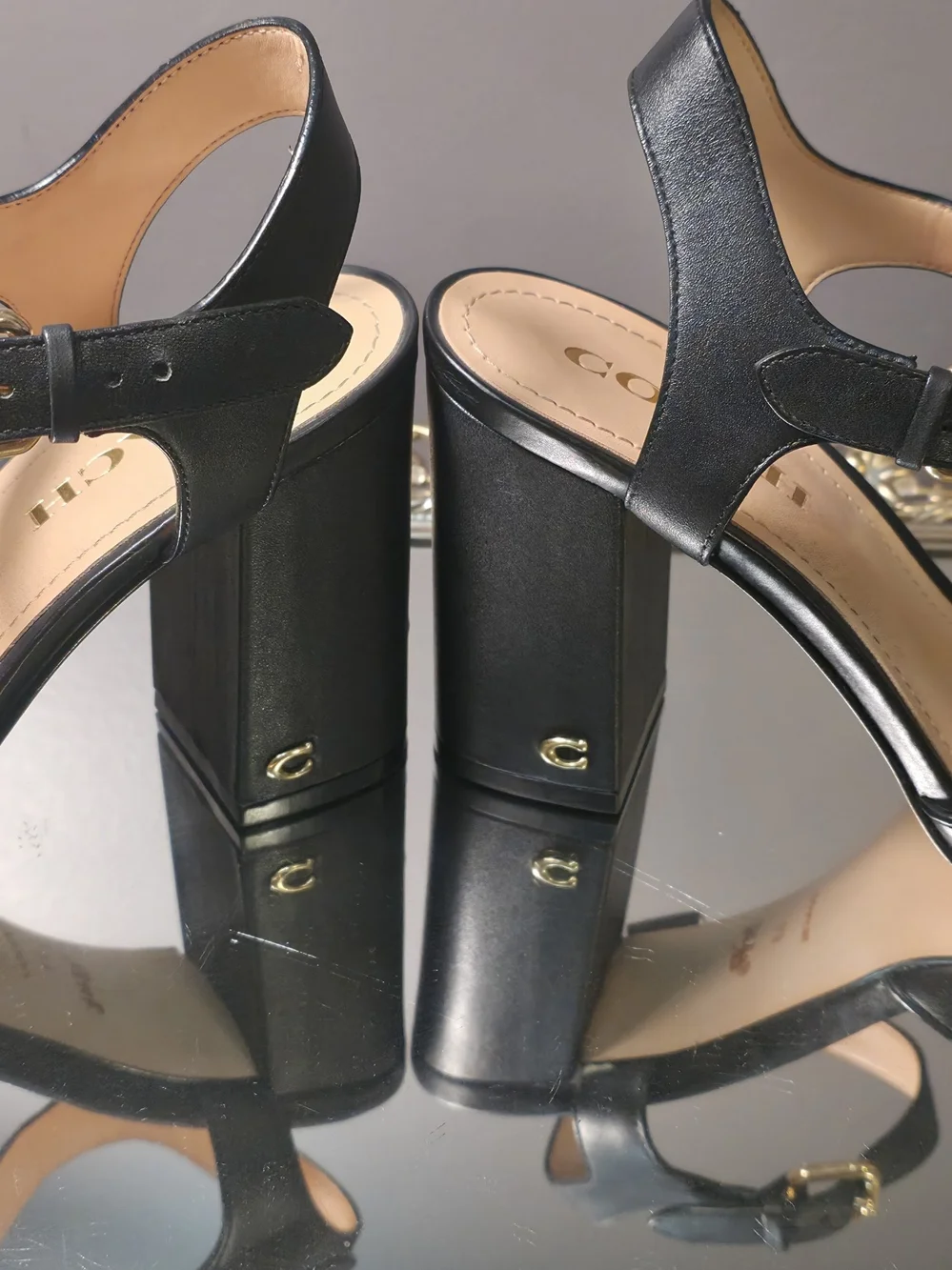 Coach Black Leather Block Heel Sandals with Gold Buckle